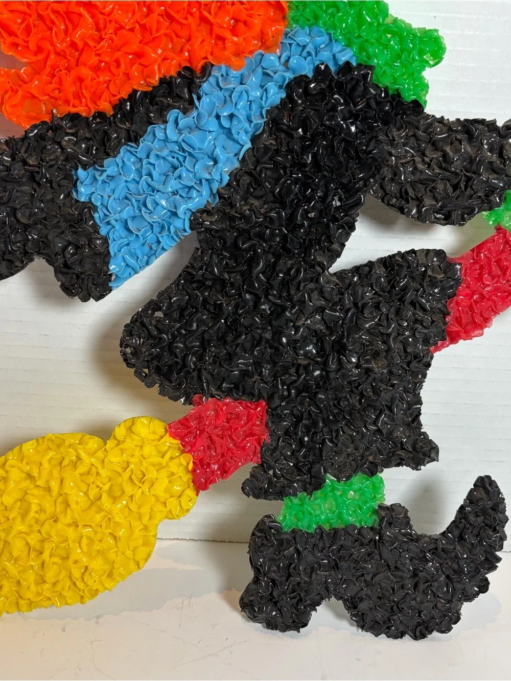 Vintage Melted Plastic Popcorn Witch on Broomstick Wall Hanging Halloween Decor